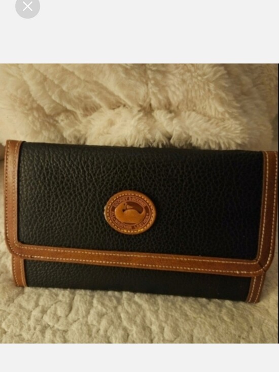 Dooney & Bourke Handbags - Dooney & Bourke Black Pebbled Leather Wallet with Brown Tan Trim